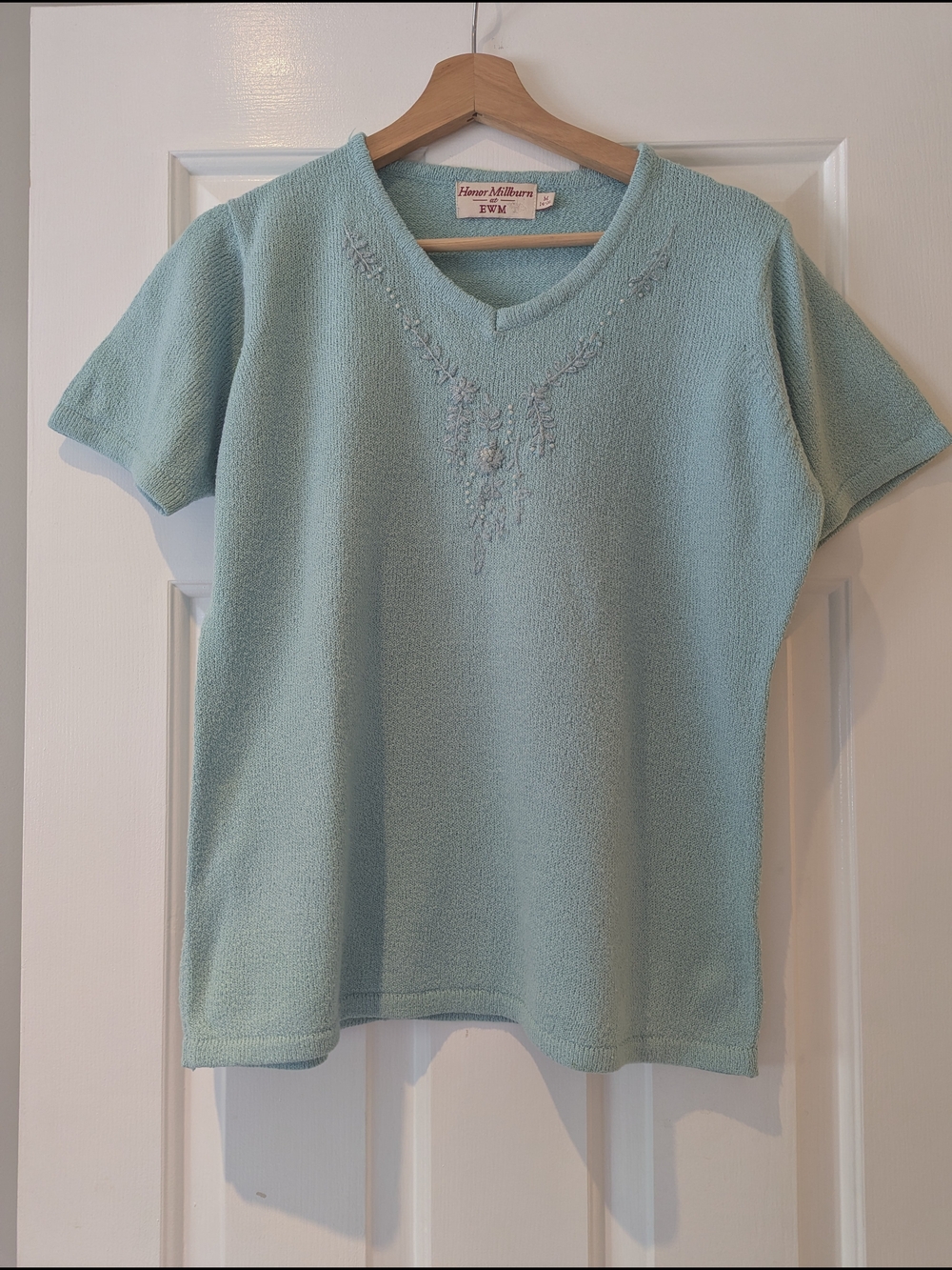 Cottagecore Grandmacore Turquoise Embroidered Beaded Short Sleeve Sweater M/L